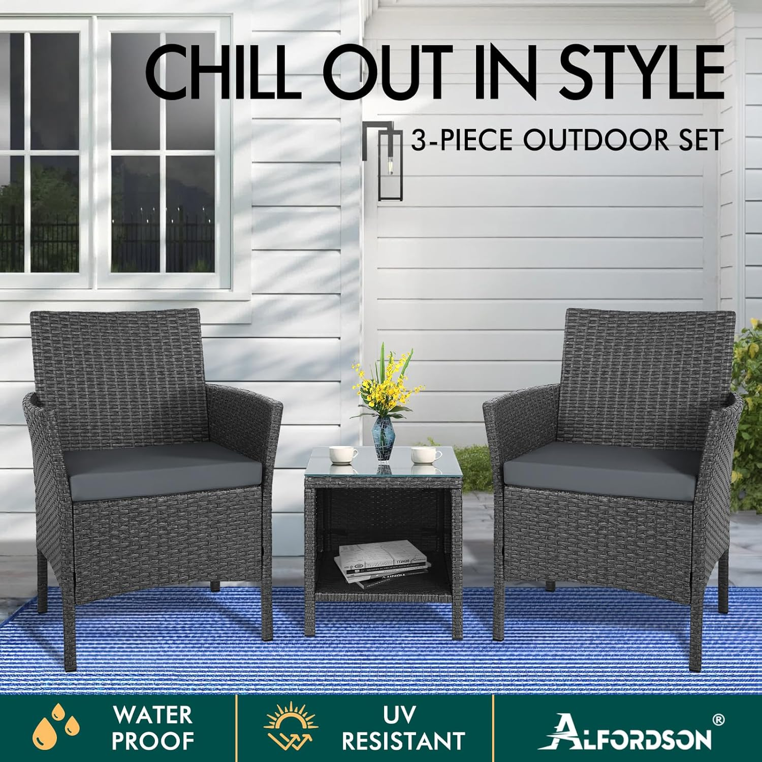 ALFORDSON Outdoor Patio Furniture 3Pcs Conversation Set, Wicker 3 Pieces Lounge Chair & Glass Coffee Table Setting, Steel Frame Garden Rattan Sofa with Cushions, Dark Grey image number 5