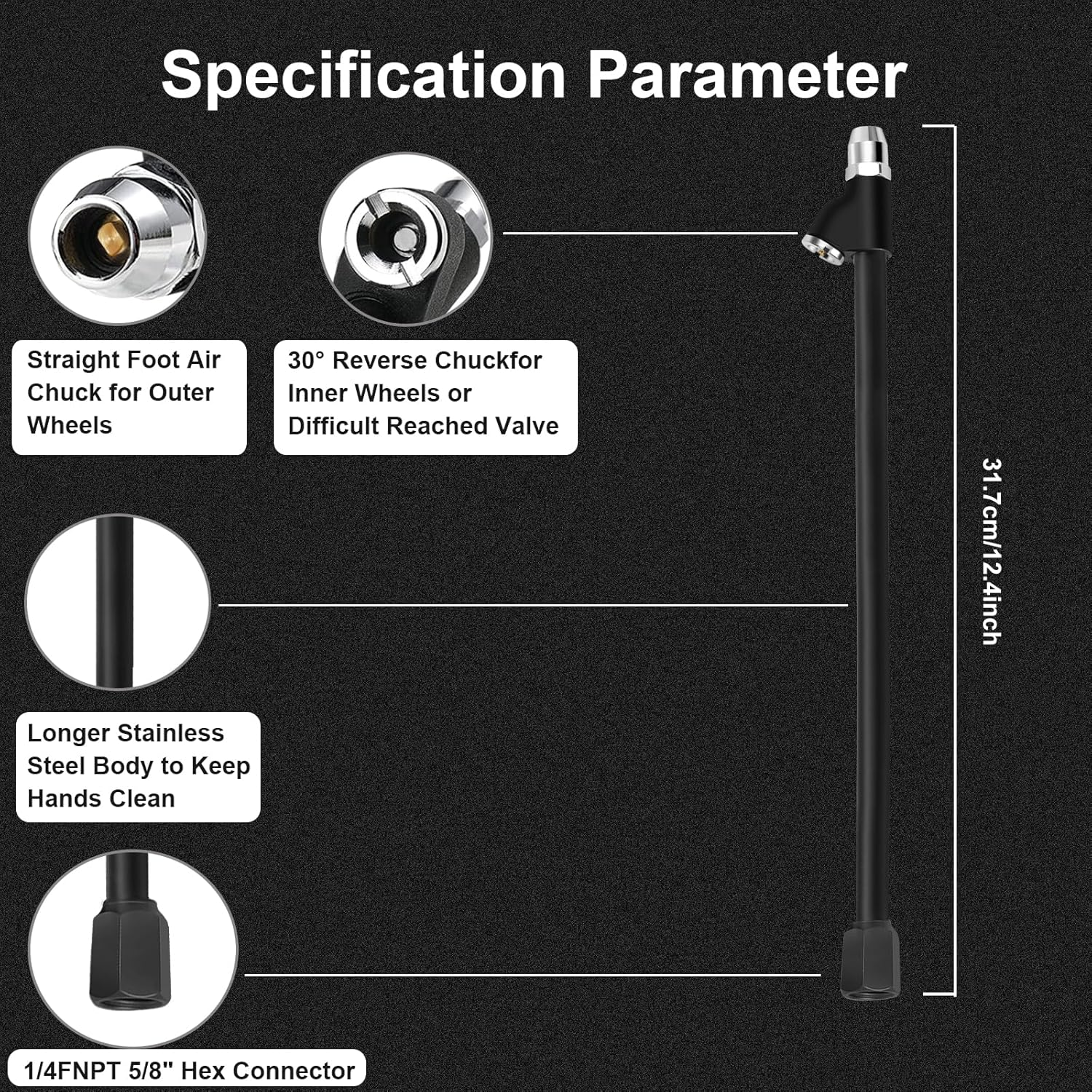 GODESON Air Chuck,12" Extended Reach Air Chucks for Tires，Heavy Duty Dual Head Air Chuck for Semi Tire Inflation,1/4" FNPT Straight Air Chuck for Truck RV Semi Dually Tires image number 4