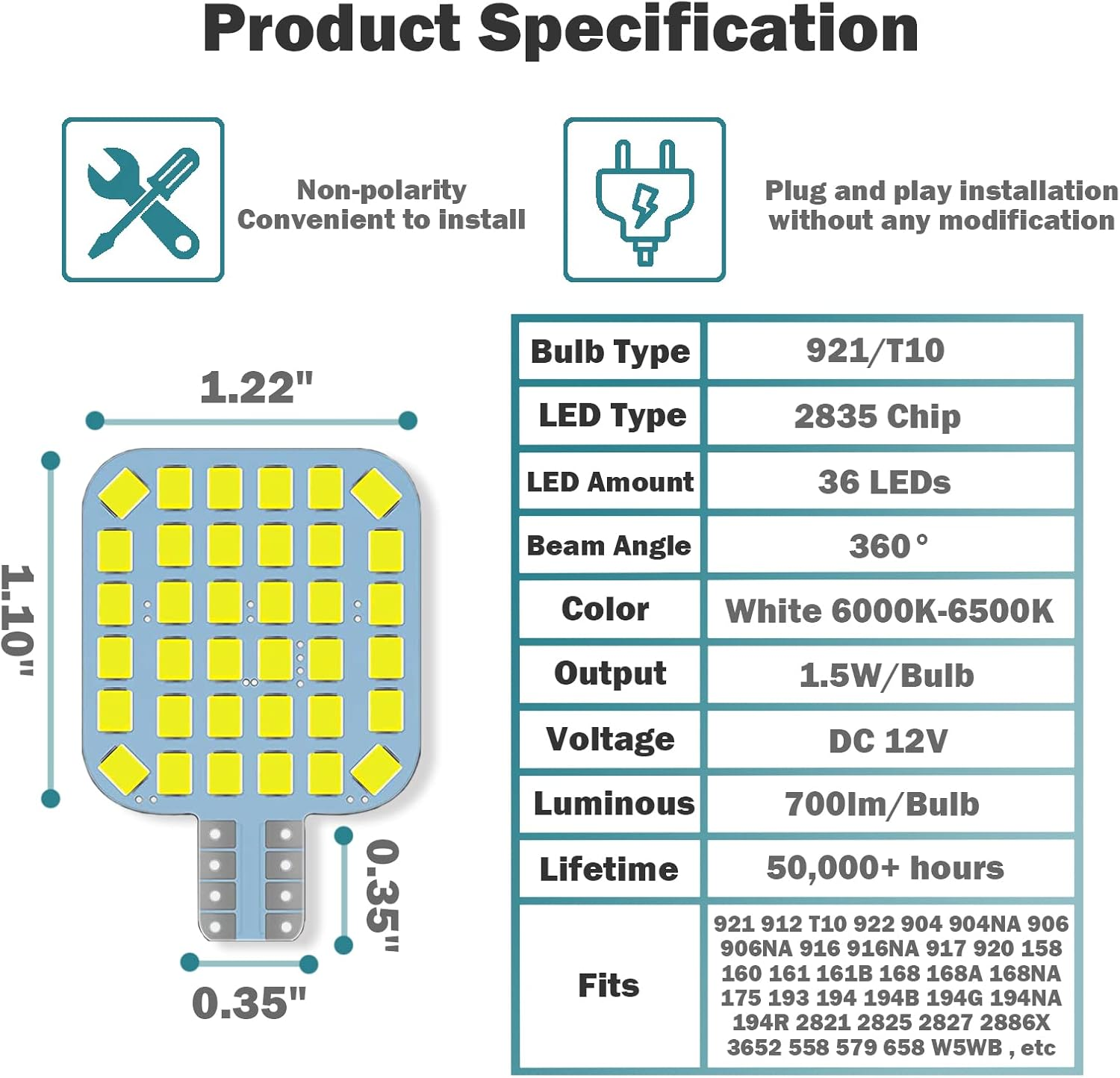 20PCS T10 921 922 912 194 RV Interior LED Light Bulbs, Super Bright LED Bulbs Replacement Lighting 36-SMD 2835 6500K White for 12V RV Camper Trailer Motorhome Boat Dome Car Marine Ceiling Indoor Light