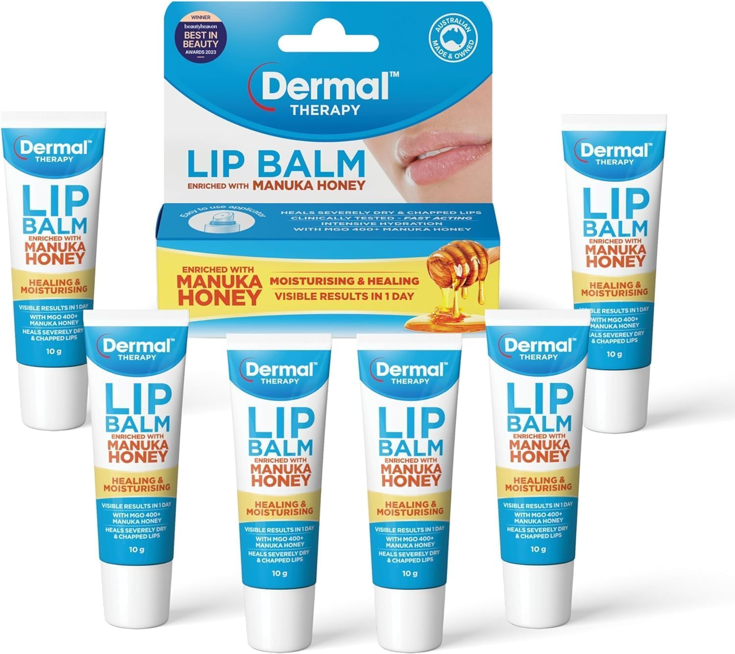 Dermal Therapy Lip Balm Tube &ndash; Manuka Honey, Intensive Lip Care for Dry Lips, Soothing & Protective Lip Balm, Natural & Moisturising, Dermatologically Tested | 6 Pack