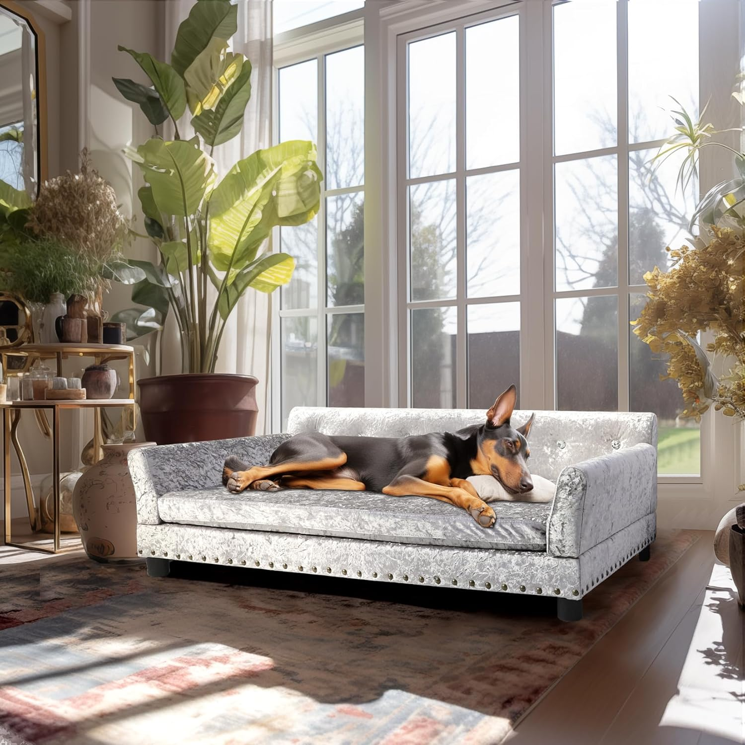 Bingopaw Large Dog Sofa Couch: Luxury Velvet Upholstered Pet Sofa Lounge Bed for Large Dogs - Wooden Frame Raised Puppy Sofa Chair with Comfortable Cushion Mat Grey L(91X72Cm) image number 1