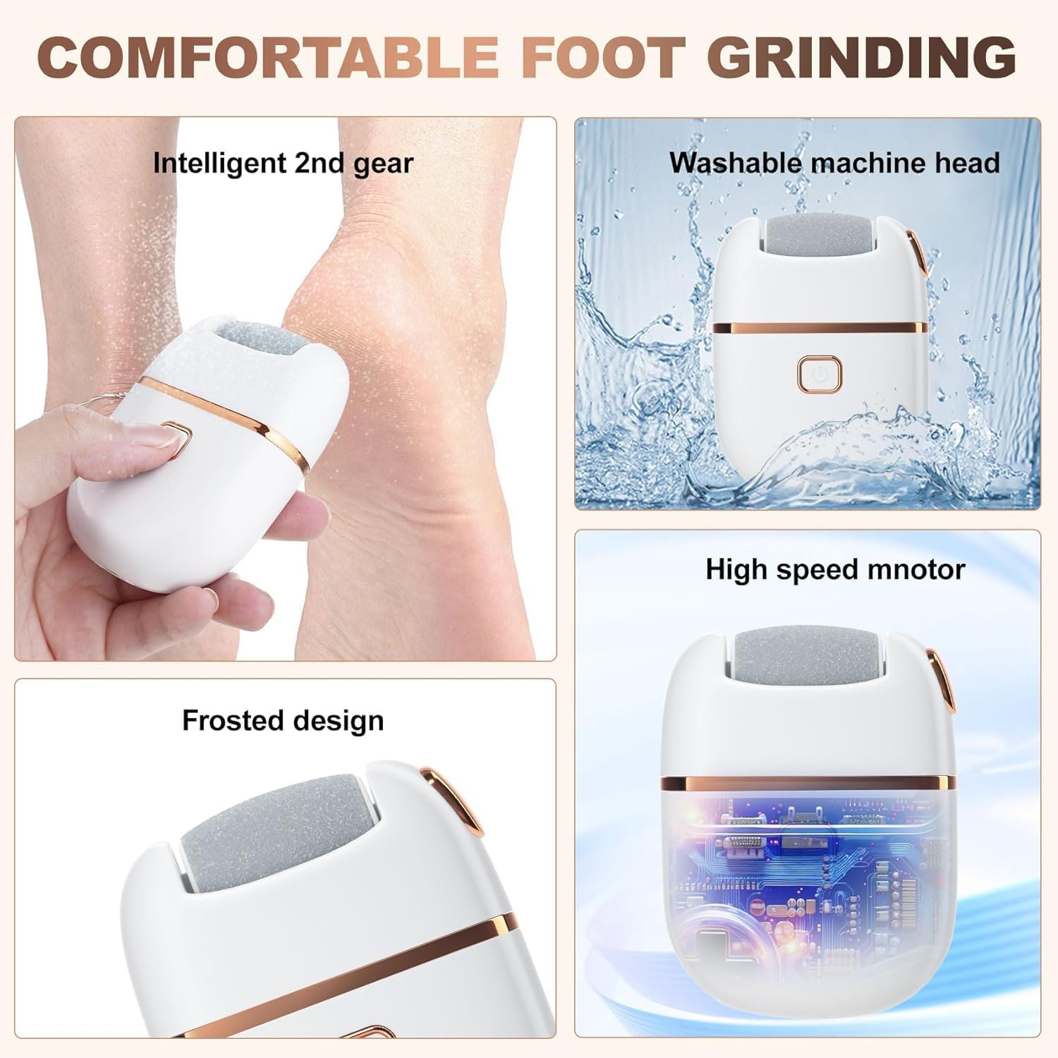 Aymxcls Electric Foot Callus Remover, Callus Remover for Feet, Rechargeable Pedicure Tools for Feet, USB Charging, 3 Grinding Head Replacement Set for Dead Hard Cracked Dry Skin - White image number 3