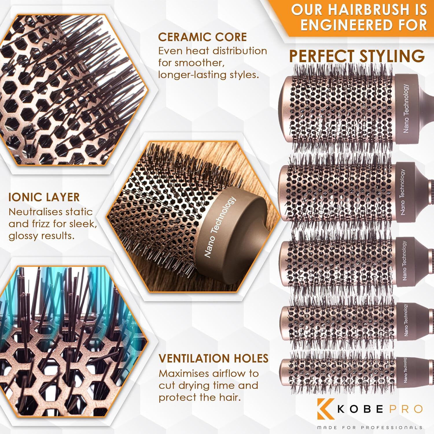 Kobe Professional Heat-Retaining Ceramic & Ionic round Hair Brush for Blow Drying - with Nanotechnology - Barrel Brush Set of 5 - Blow Dry Hair Brush image number 5