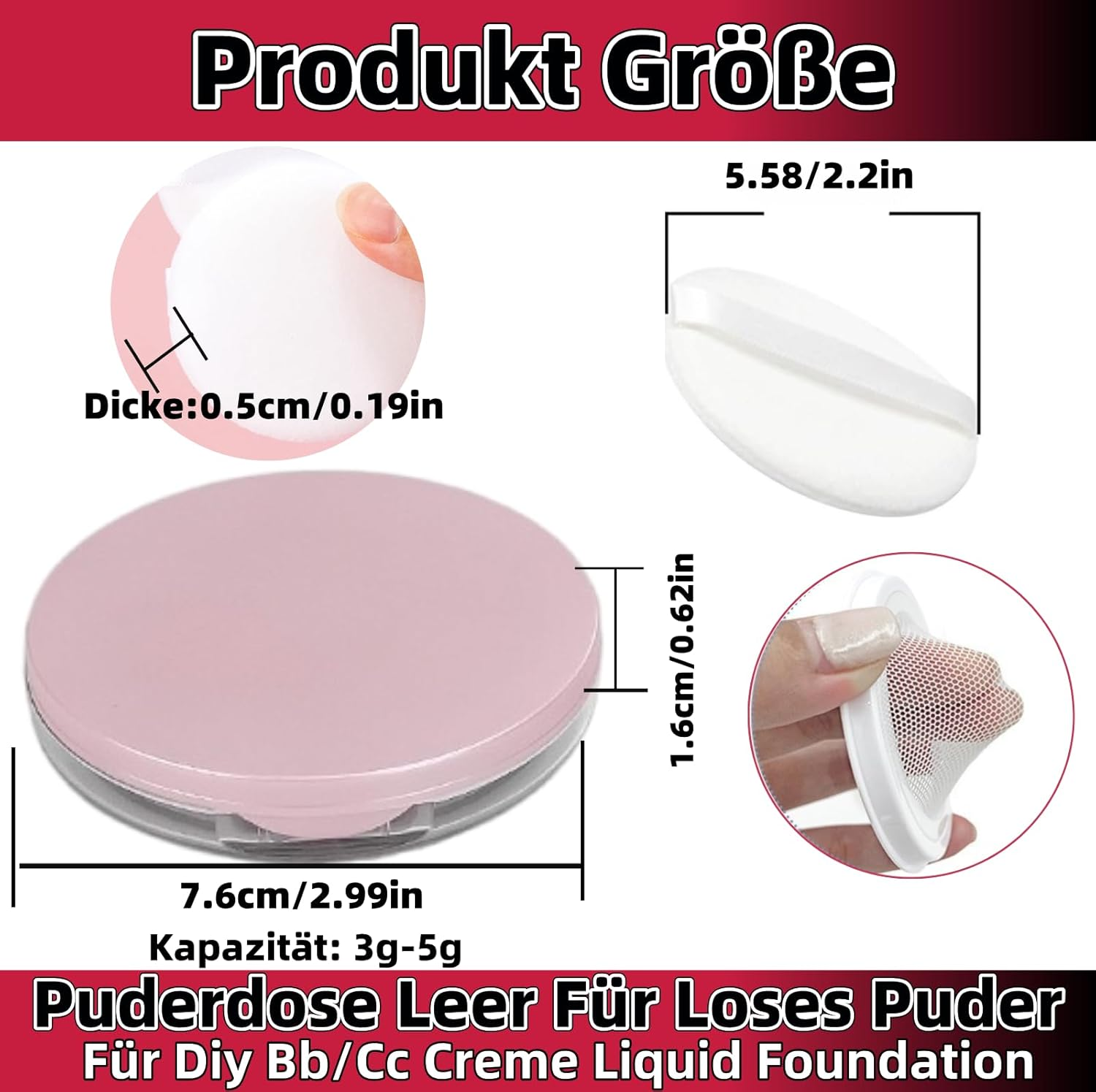 Cushion Foundation Powder Box with Tassel 3 G - 5 G Empty Refillable Loose Powder Box Portable Loose Powder Container with Powder Puff Mirror Plastic Empty Travel Loose for DIY Bb/Cc Cream Liquid image number 3