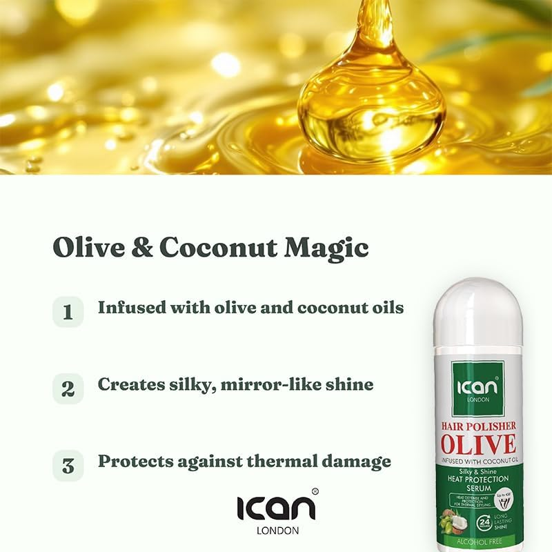 Ican London Hair Polisher Olive Oil Infused with Coconut Oil Heat Protection Serum Alcohol Free 207Ml image number 2