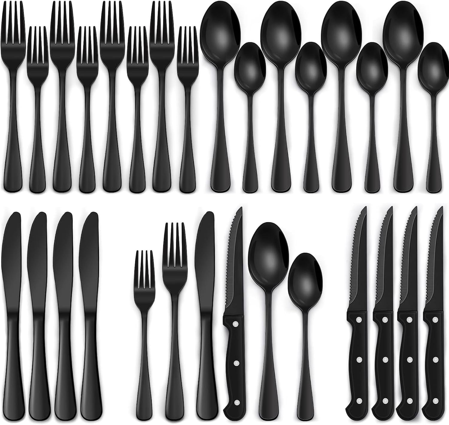 24-Piece Black Silverware Set with Steak Knives, Black Flatware Set for 4, Food-Grade Stainless Steel Tableware Cutlery Set, Mirror Finished Utensil Sets for Home Restaurant (Black) image number 2