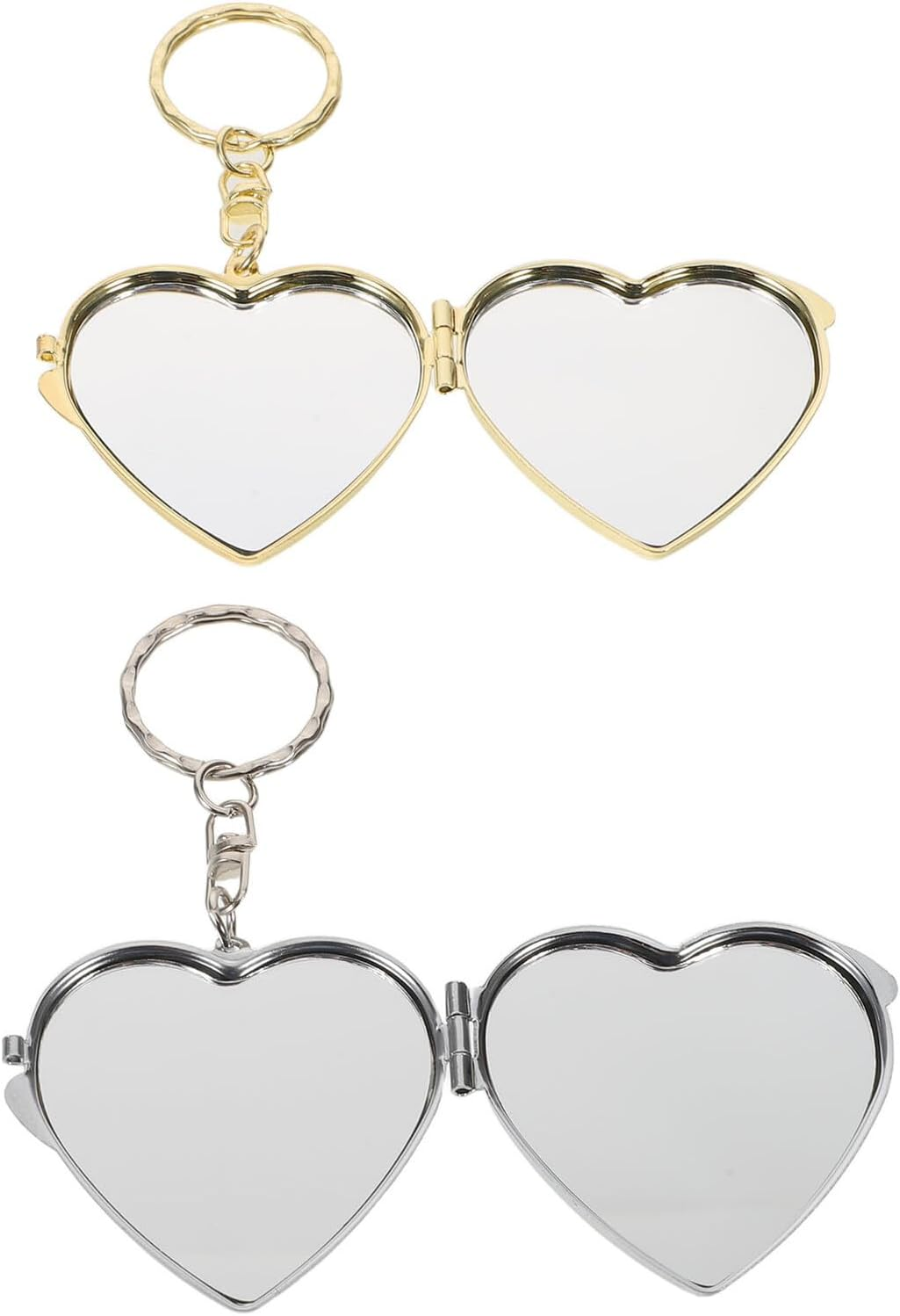 COLLBATH 2Pcs Heart-Shaped Foldable Metal Mirror Keychain Double-Sided Compact Makeup Vanity Mirrors for Women Travel Portable Mini Pocket Handheld with Gold and Silver Pendant