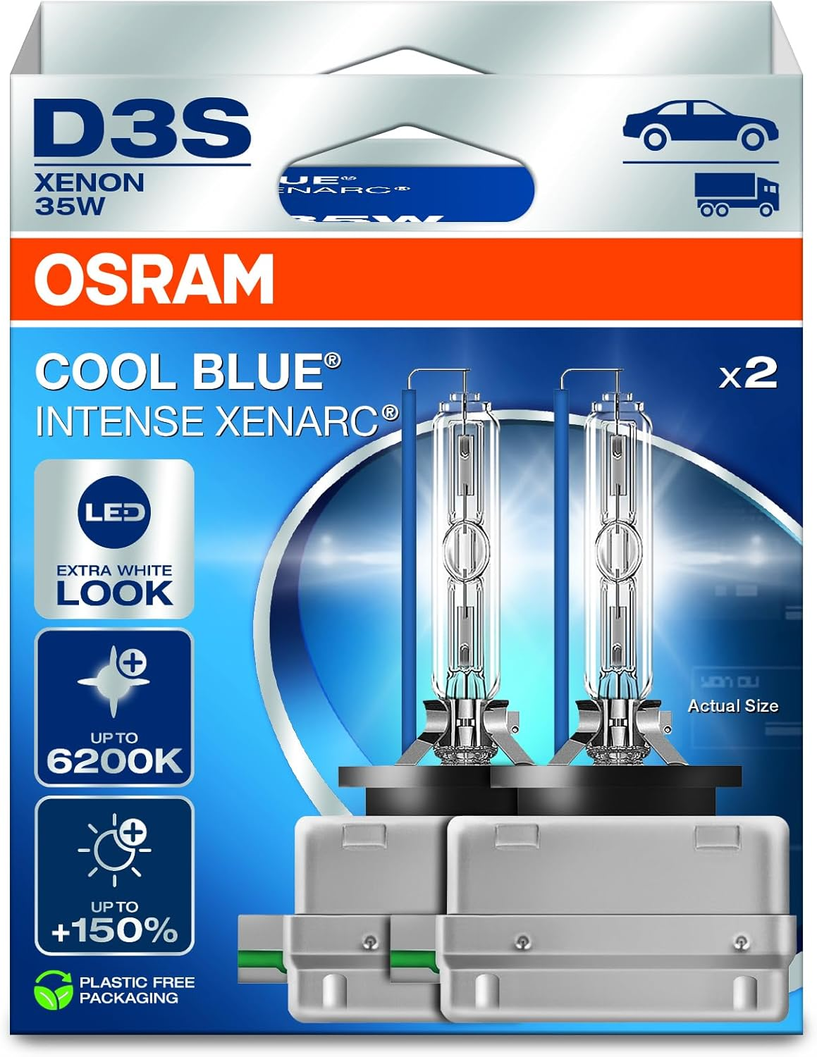 Osram Xenarc Cool Blue&reg; Intense D3S, +150% More Brightness, up to 6,200 K, Xenon Headlight Lamp, LED Look, Hanging Folding Box (2 Lamps)