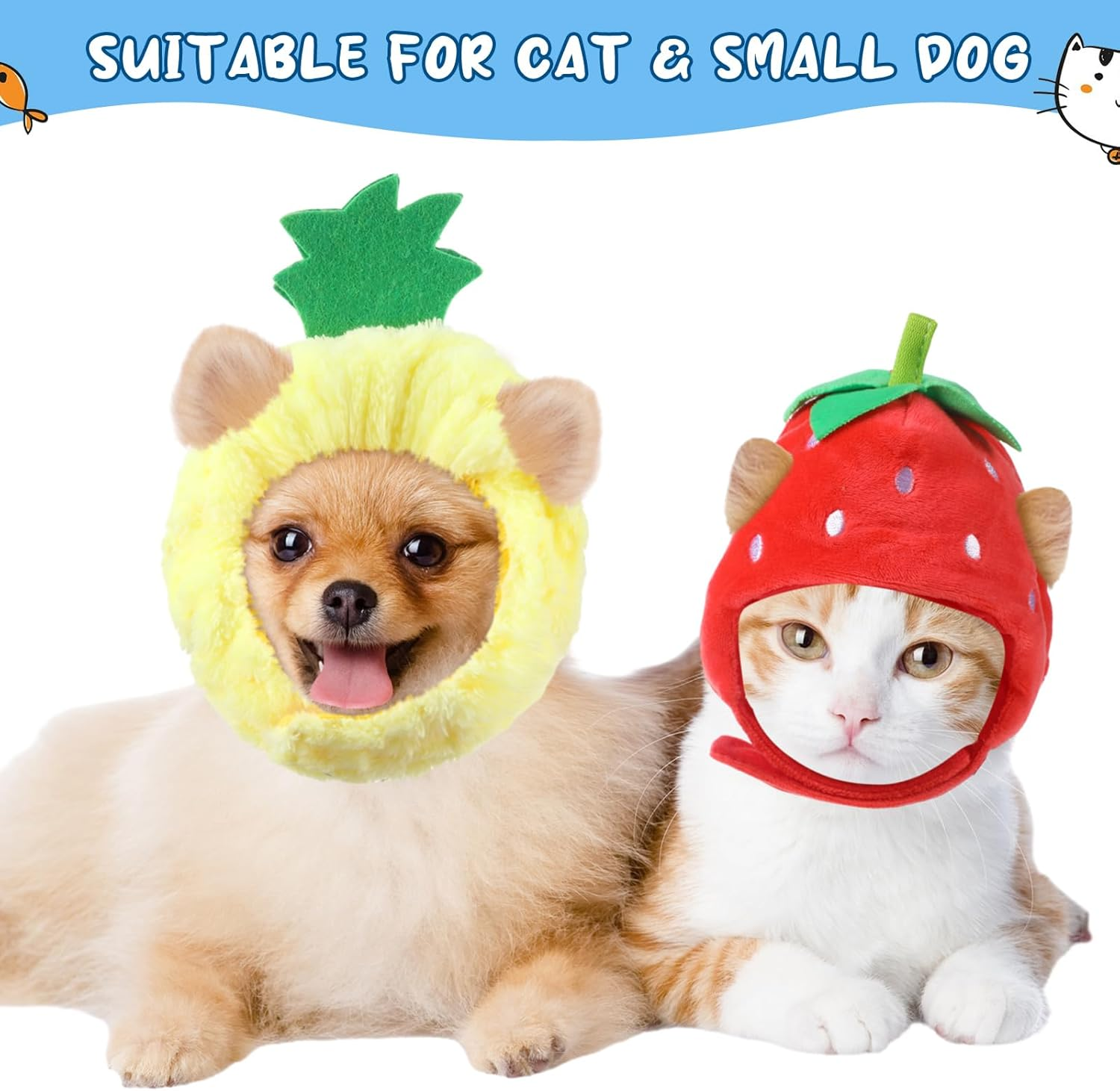 5 Pcs Cat Hat Adorable Costume Bunny Hat with Ears Funny Mane Cat Hat for Cats and Small Dogs Kitten Puppy Party Costume Accessory Headwear (Panda, Rabbit, Pineapple, Strawberry, Flower) - Avocado, Orange, Strawberry, Pineapple, Frog image number 4