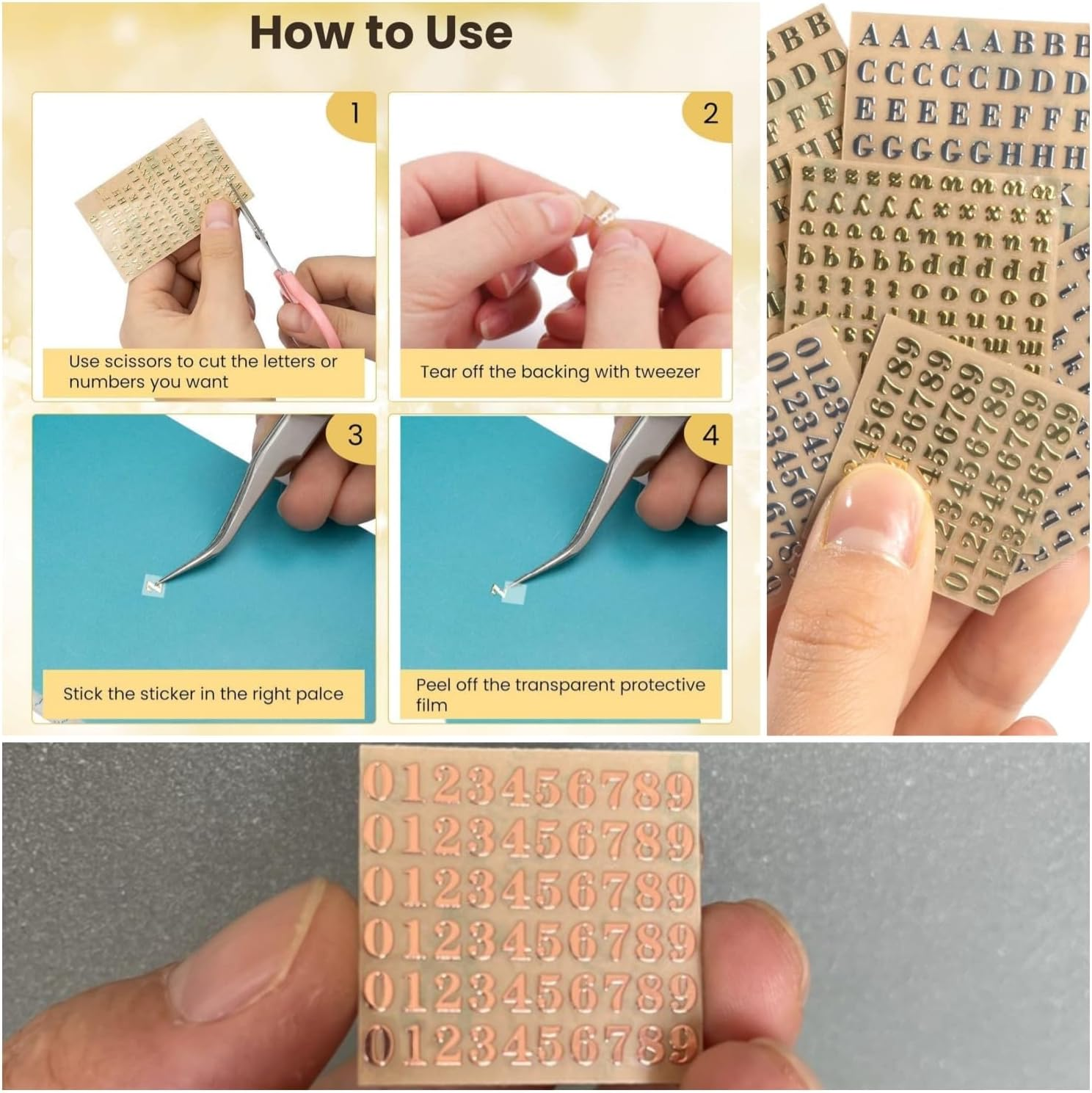 Taicols Letter Stickers, 12 Sheets Alphabet Number Stickers, Mini Metal Letter Sticker Uppercase and Lowercase Number Sticker Glitter Alloy Self Adhesive Stickers Self Adhesive Letters Numbers (4.5Mm) image number 1