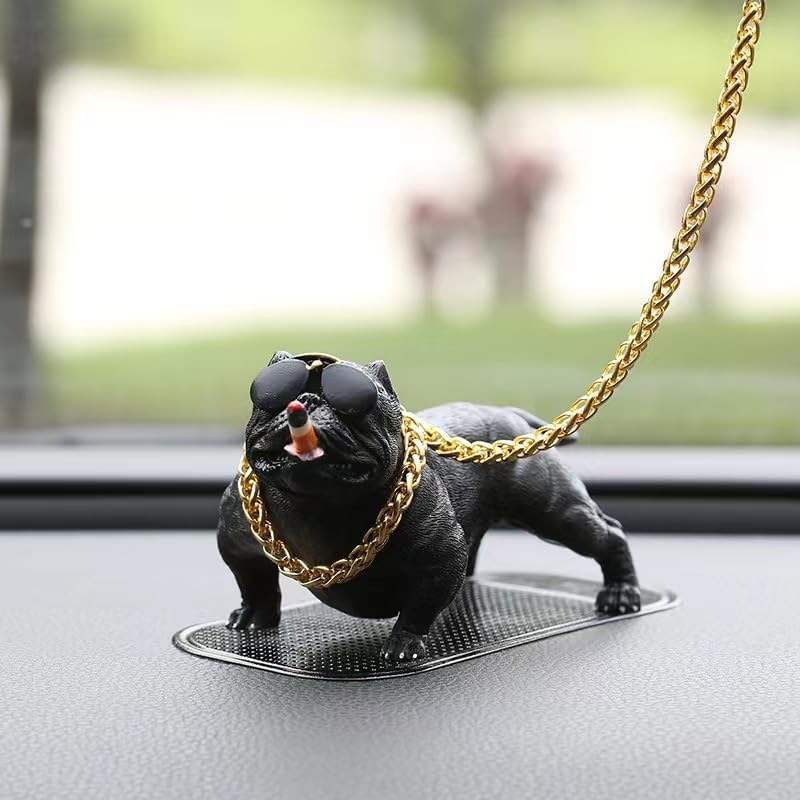 Bulldog Car Accessory, Resin Statue with Non-Slip Mat & Gold Chain, Black, Car Decoration, Home Decor, Fish Tank Ornament image number 3