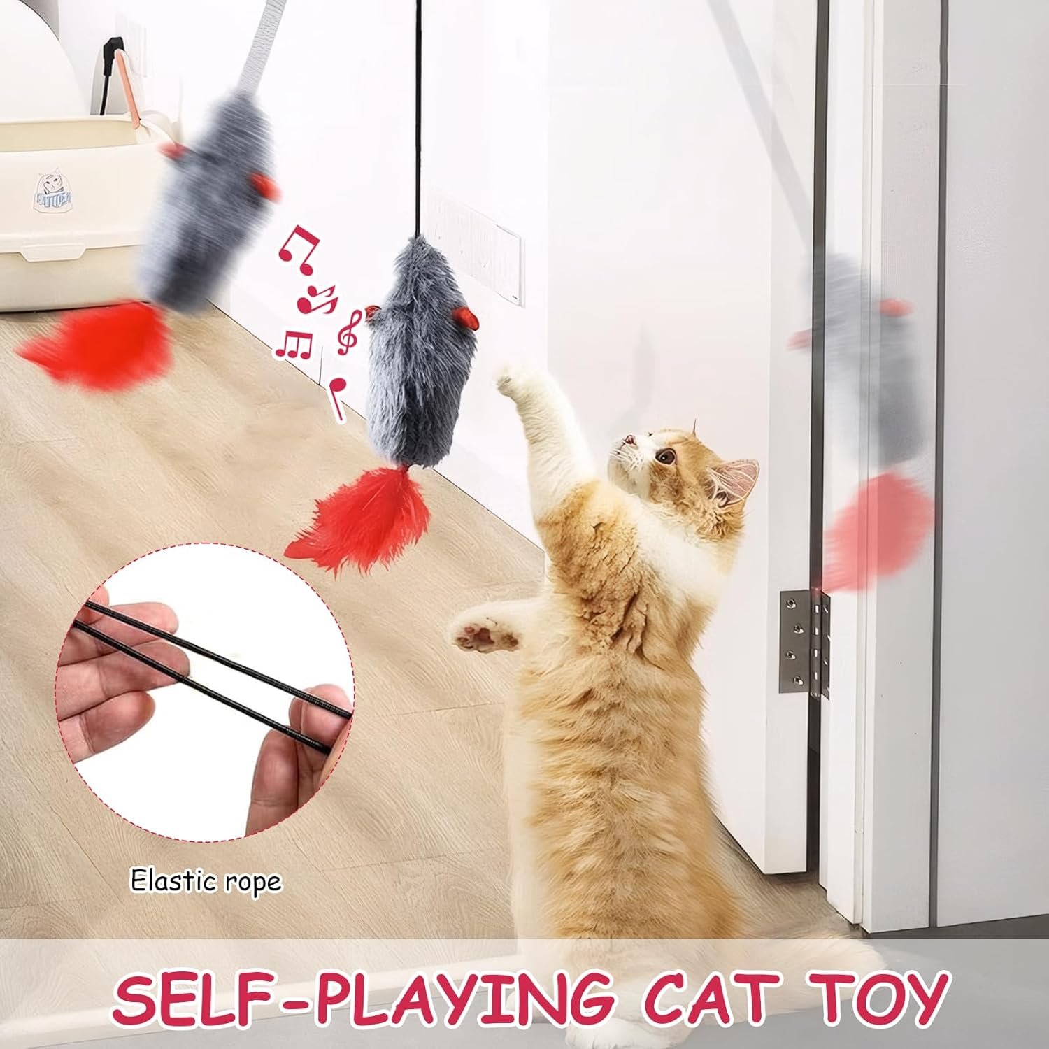 AOUZOVLI 4 Pieces Cat Toy Interactive Mouse Teaser Wand Hanging Door Frame with Squeaky Sound Realistic Mouse Design Feather Tail for Cat Run (Grey) image number 1