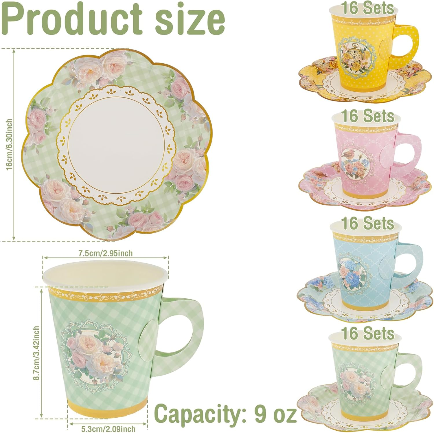 64 Sets Tea Party Supplies,Floral Paper Tea Cups and Saucers,Colorful Flower Teacups,Floral Tea Cups with Handle for Hot Cold Beverage Birthday Wedding image number 6