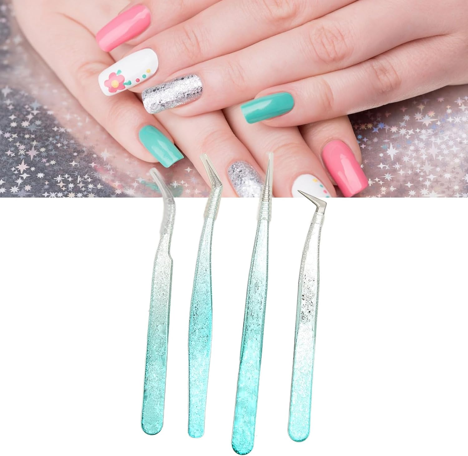 False Lash Tweezer, Straight Curved Tip Ergonomic Grip Eyelash Tweezer 4PCS Flexible for Professional Salon