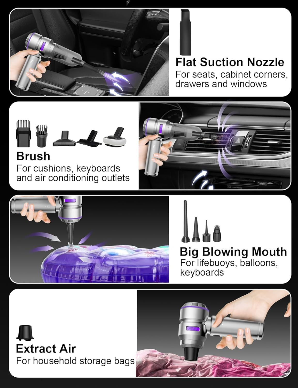 Handheld Car Vacuum Portable Cordless, 15000Pa High Power Handheld Vacuum with Brushless Motor, 4 in 1 Vacuum Cleaner Air Duster for Car Home Office Pet Hair Keyboard image number 1