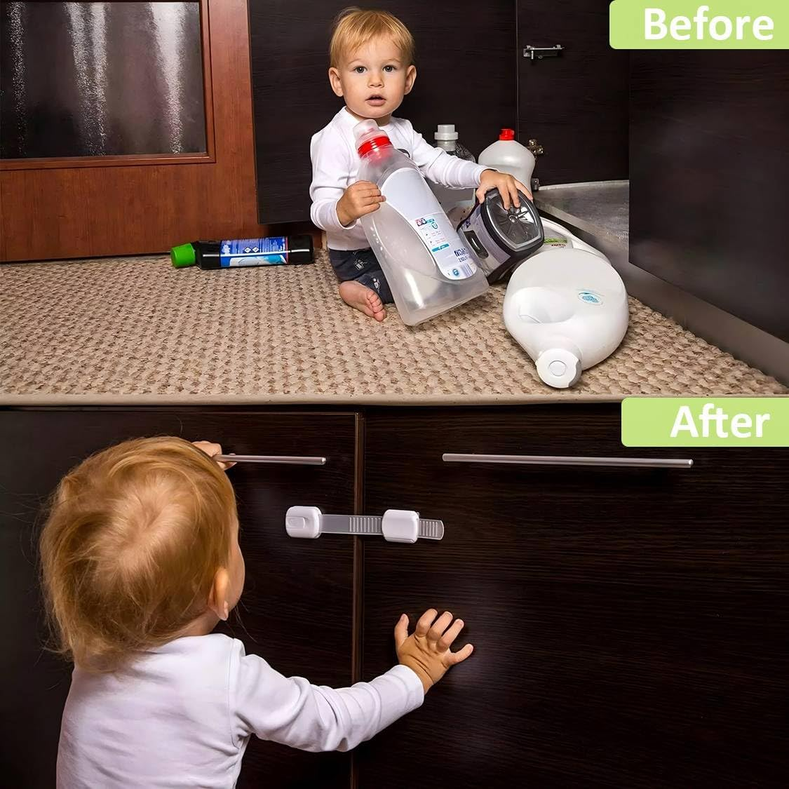 Child Safety Cabinet Locks - (10 Pack White) Baby Proofing Latches to Drawer Door Fridge Oven Toilet Seat Kitchen Cupboard Appliance Trash Can with 3M Adhesive - Adjustable Strap No Drill No Tool