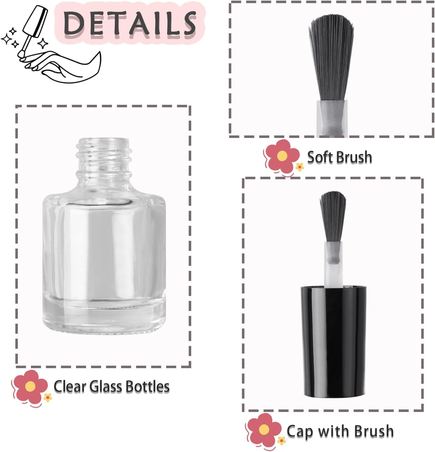 Agidea 2PCS Empty Nail Polish Bottles with Rounded Brush,Empty Glass Clear Refillable Nail Polish Containers Vials with Mixing Balls & Funnels & Black Cap for DIY Nail Art Samples (10ML) image number 3