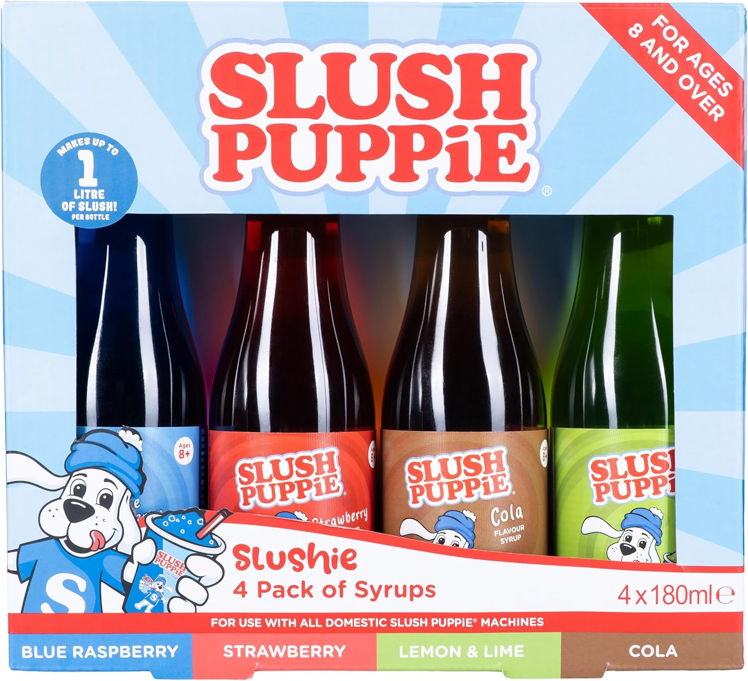 Slush Puppie 4 Pack Syrups, Blue Raspberry, Strawberry, Cola, Lemon Lime, 180Ml Bottles, Classic Slush Flavours