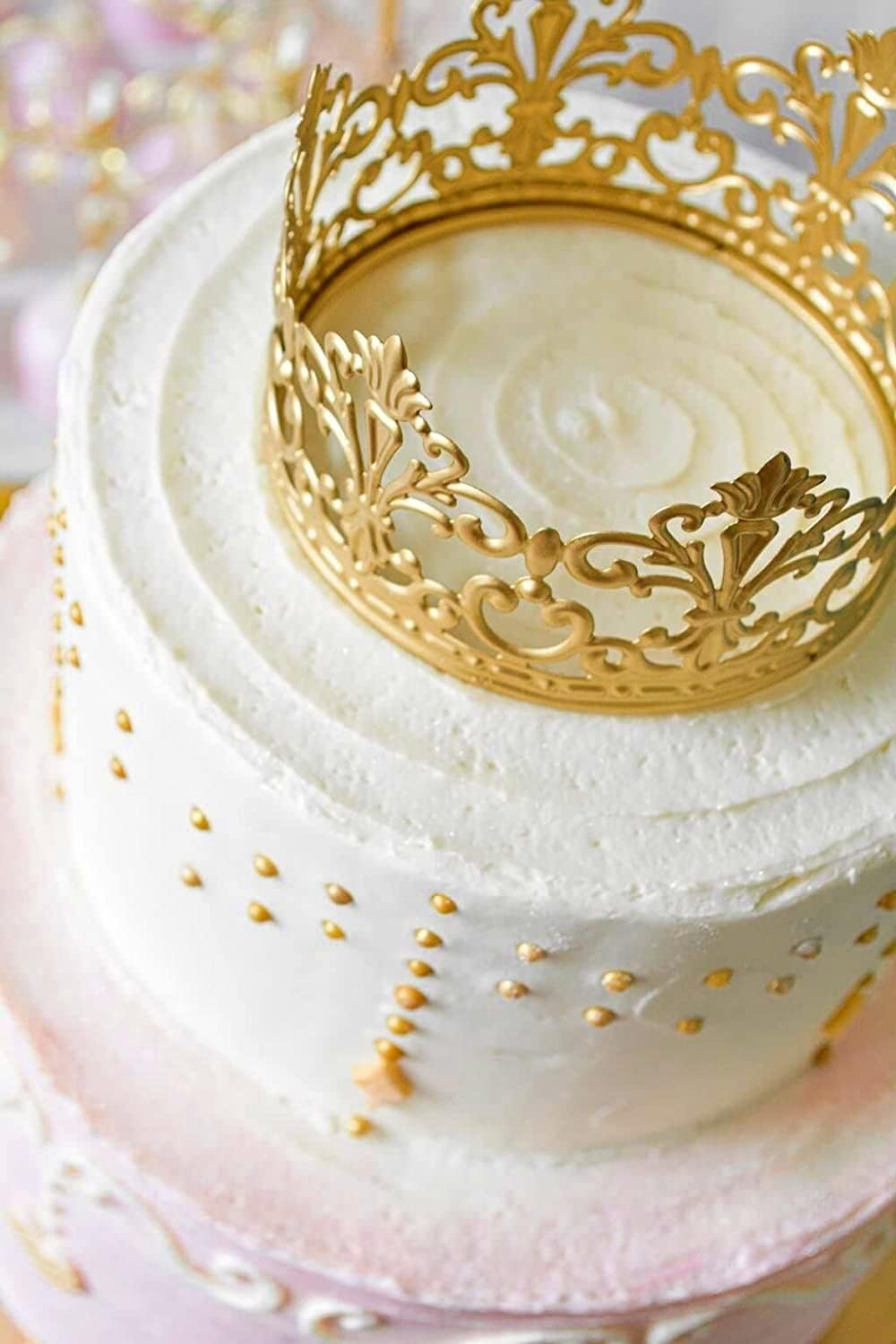 Little Vintage Crown Cake Topper Royal Themed Baby Shower Decorations Princess and Prince Headpiece (Matted Golden) - Rose Gold image number 3