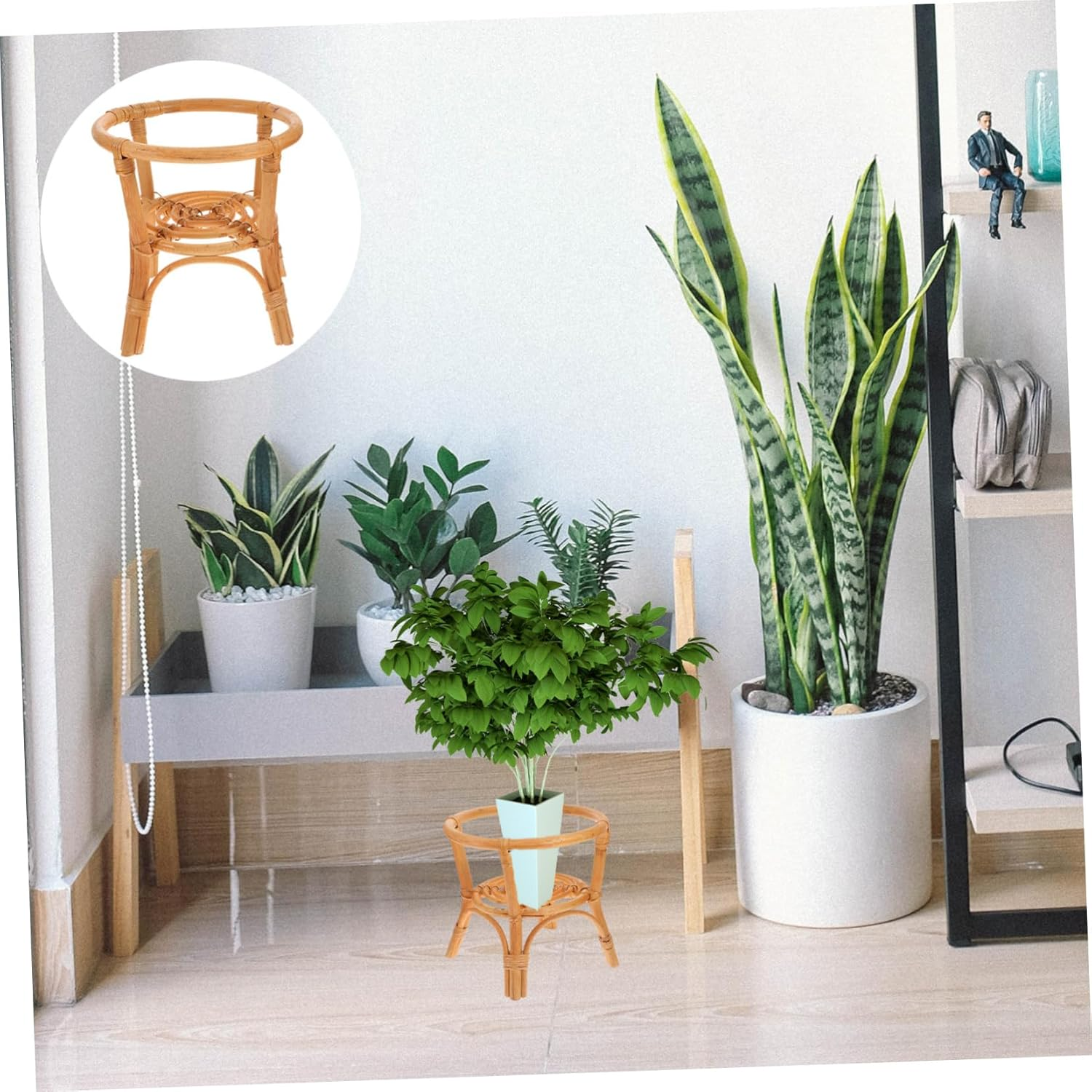 VINTORKY Rattan Flower Stand for Desktop Gardening Pot Holder Natural Material for Balcony Plant Pot Displaying Shelf image number 4