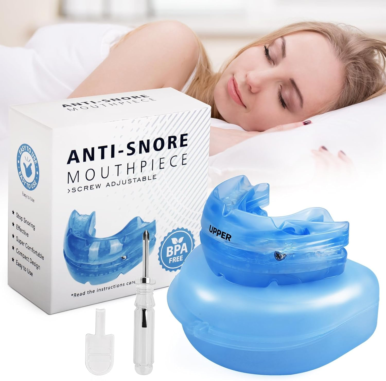 Anti Snoring Device- BPA Free anti Snoring Mouthpiece Mouth Flexible Adjustable Effective Reduce Clenching & Pain anti Snore Solution for Men and Women Reclaim Peaceful Sleep with Portable Storage Box