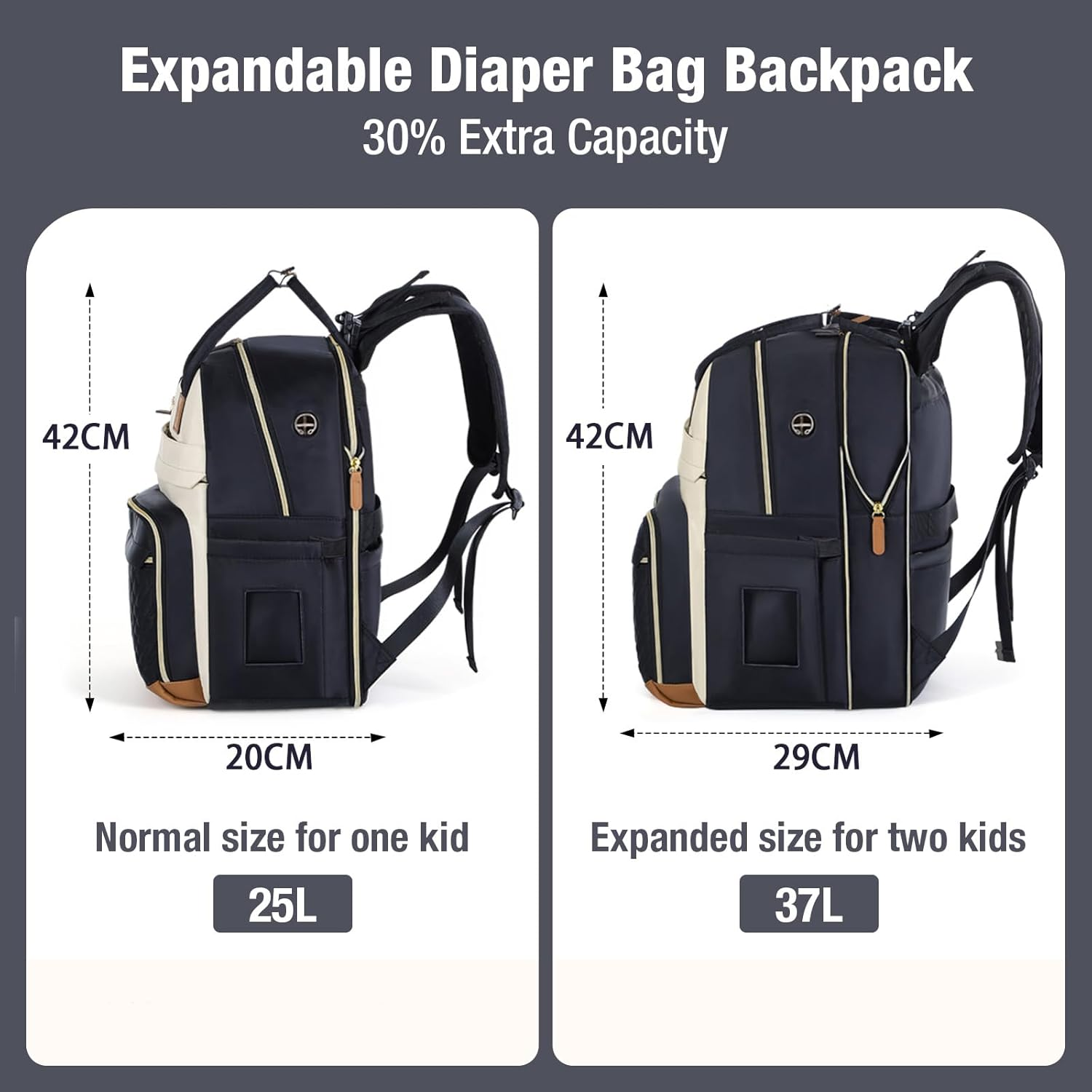 Lekebobor Nappy Bag, Multifunctional Baby Bag Backpack, Expandable 25L-37L Diaper Bag Nappy Changing Bags with Changing Pad and Earphone Hole for Mom, Black image number 4