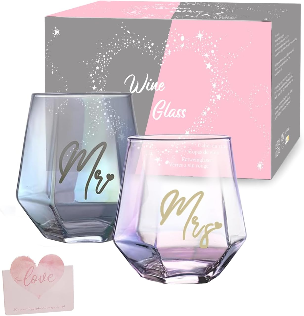 Mr and Mrs Couple Glasses,Wine Glass Mugs Set,Wedding Mugs for Bride and Groom,Wine Glasses Gifts for Couple Anniversary,Gifts for Women,Bridal Shower,Engagement,His & Hers,Christmas Valentines Day image number 4