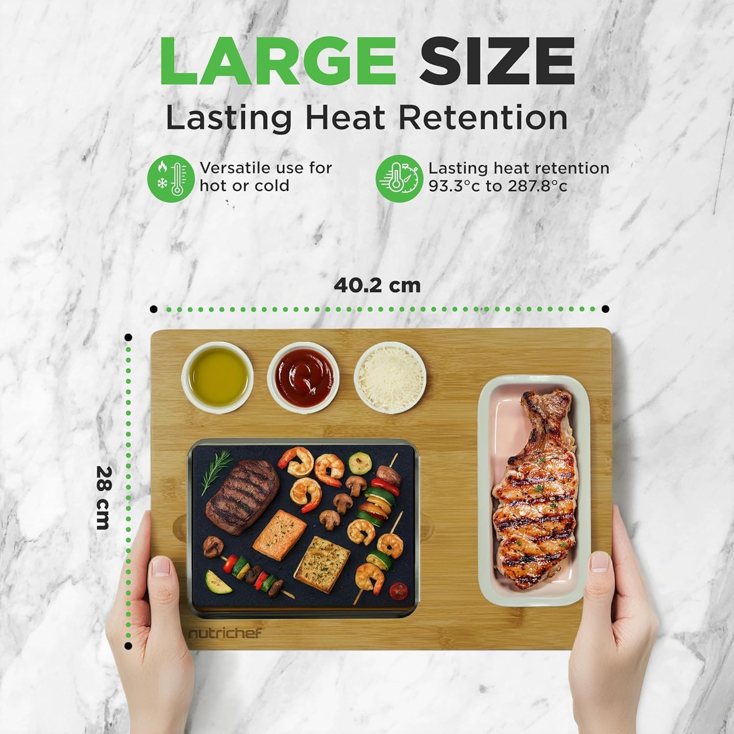 Nutrichef Sizzle Hot Stone Cooking Set with Bamboo Platter, Ceramic Sauce Bowls & Stainless Steel Tray &ndash; Tabletop Grill for Steak, Seafood & Dining Entertainment image number 6