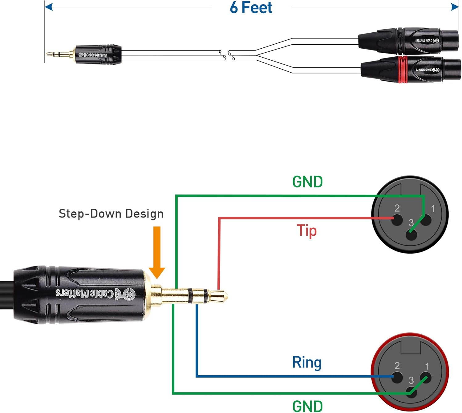 Cable Matters 3.5Mm 1/8 Inch TRS to 2 XLR Cable 6 Ft, Male to Female Aux to Dual XLR Breakout Cable image number 2