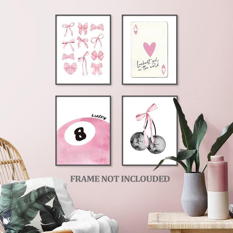ZIENVE Pink Coquette Wall Art Prints &ndash; Set of 4 Trendy Preppy Room Decor, Aesthetic Pink Bow, Disco 8 Ball, Cherry Posters for Girls&rsquo; Bedroom & Dorm, 20 X 25Cm Unframed image number 3