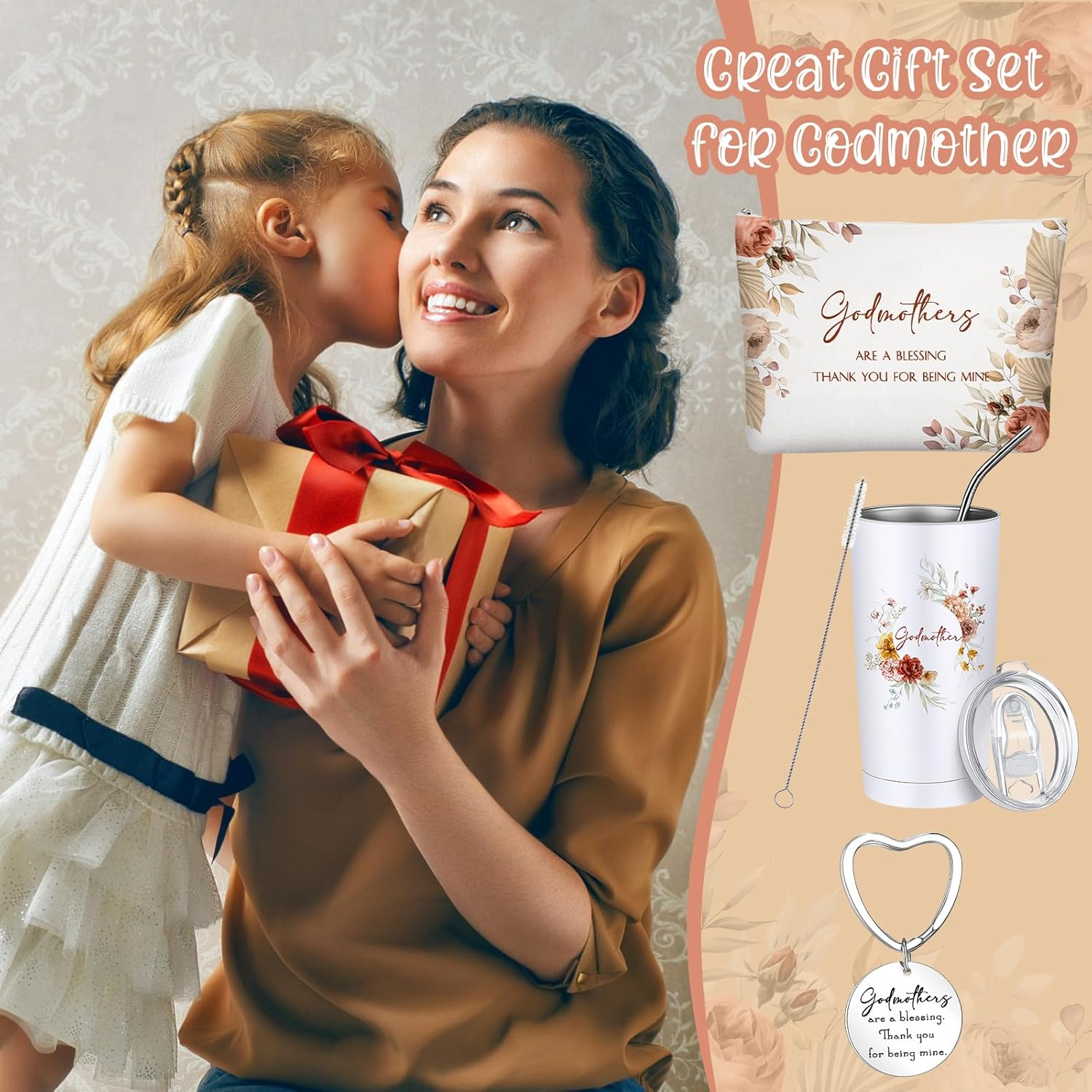 Sieral 3 Pcs Godmother Proposal Gifts Will You Be My Godmother 20Oz Stainless Steel Tumbler Makeup Bag Keychain from Godchild Christmas Birthday Baptism Mother'S Day Gift for God Mom(Boho Flowers) image number 1