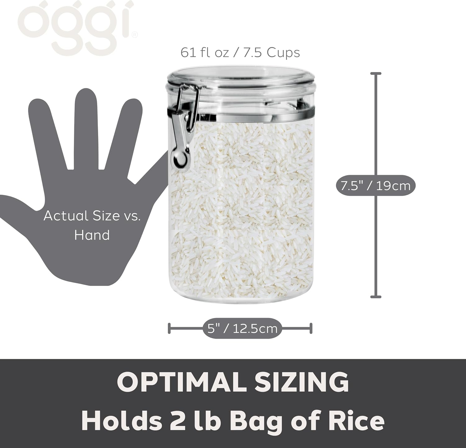 Oggi Medium-Sized Clear Canister with Clamp Lid, 59 Oz - Large Airtight Food Storage Container, for Kitchen & Pantry Storage of Bulk, Dry Foods, Pasta, Flour, Sugar, Coffee, Rice, Tea, Spices & Herbs image number 4