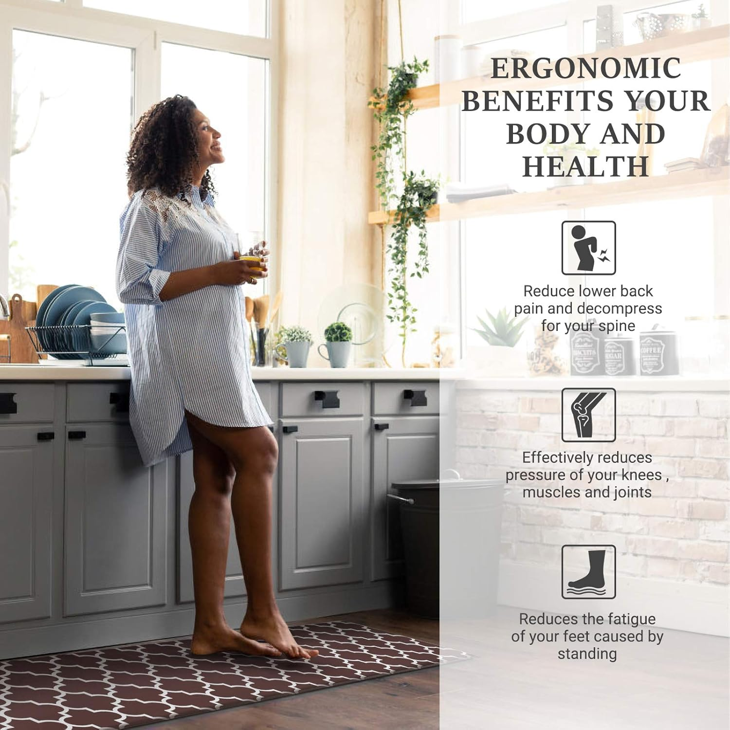 WISELIFE Kitchen Mat Cushioned Anti-Fatigue Kitchen Rug, 17.3"X 59" Waterproof Non-Slip Kitchen Mats and Rugs Heavy Duty PVC Ergonomic Comfort Mat for Kitchen, Floor Home, Office, Sink, Laundry, Brown image number 6