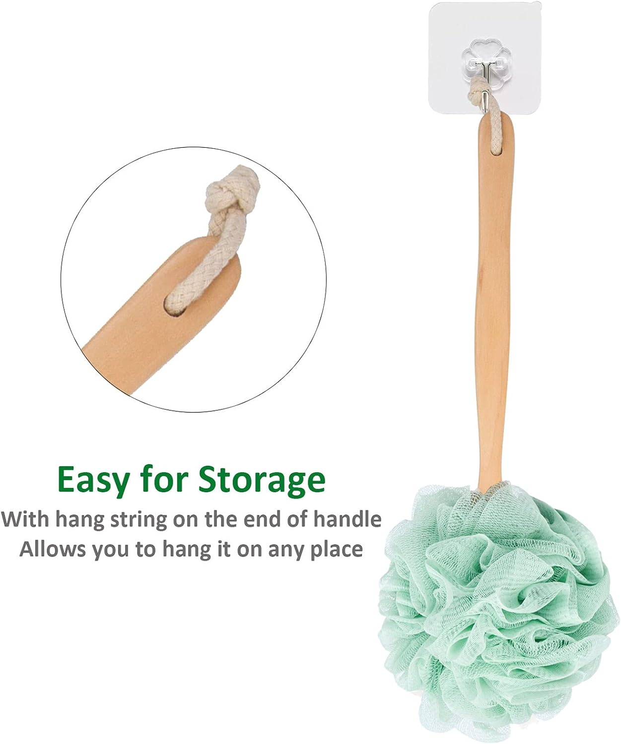 Arswin Loofah Sponge Back Scrubber, Wooden Long Handle Bath Sponge Lufa Shower Brush, Soft Nylon Mesh Back Cleaner Washer, Men & Women Exfoliating Luffa Pouf on a Stick for Body (Green) - Green image number 6