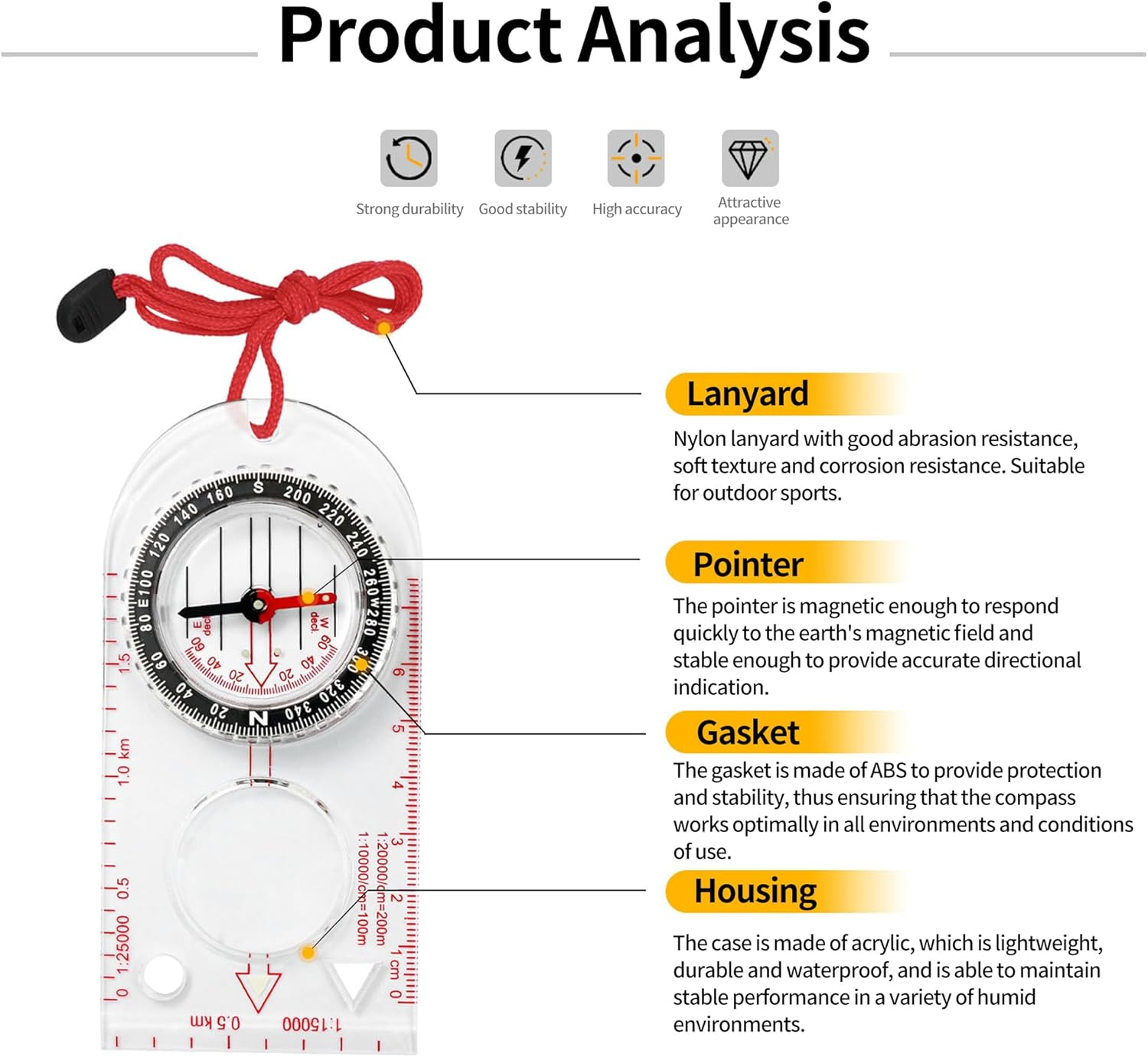 DOETYD Navigation Compass Map Ruler Magnifier with Adjustable Lanyard for Explorer Outdoor Adventure Enthusiasts, Navigation Compass for Map Reading Orienteering Survival, Red image number 3