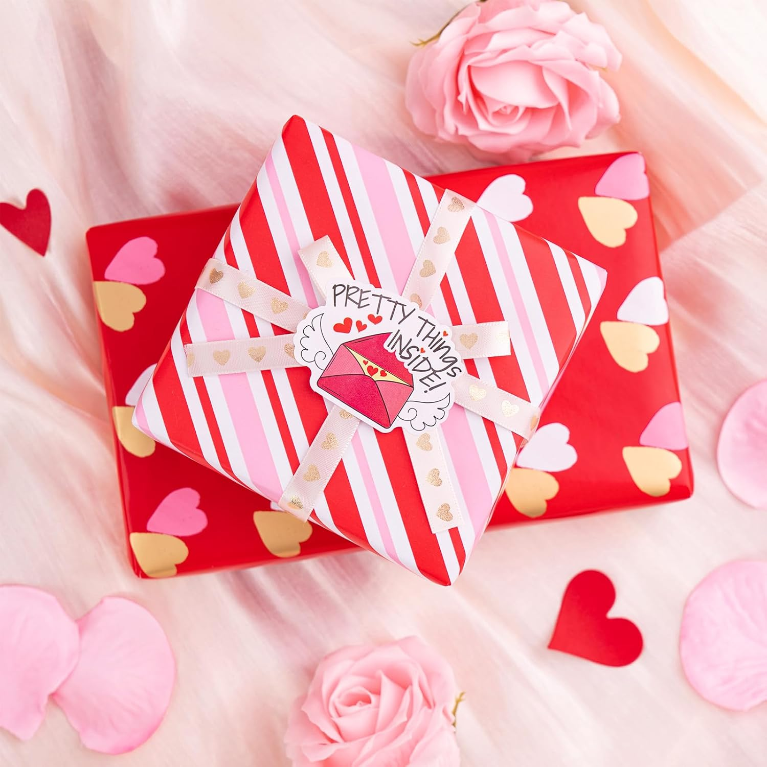 WRAPAHOLIC Reversible Valentine'S Day Wrapping Paper - Mini Roll - 17 Inch X 33 Feet - Double Love Heart Design for Wedding, Anniversary, Birthday, Holiday, Party