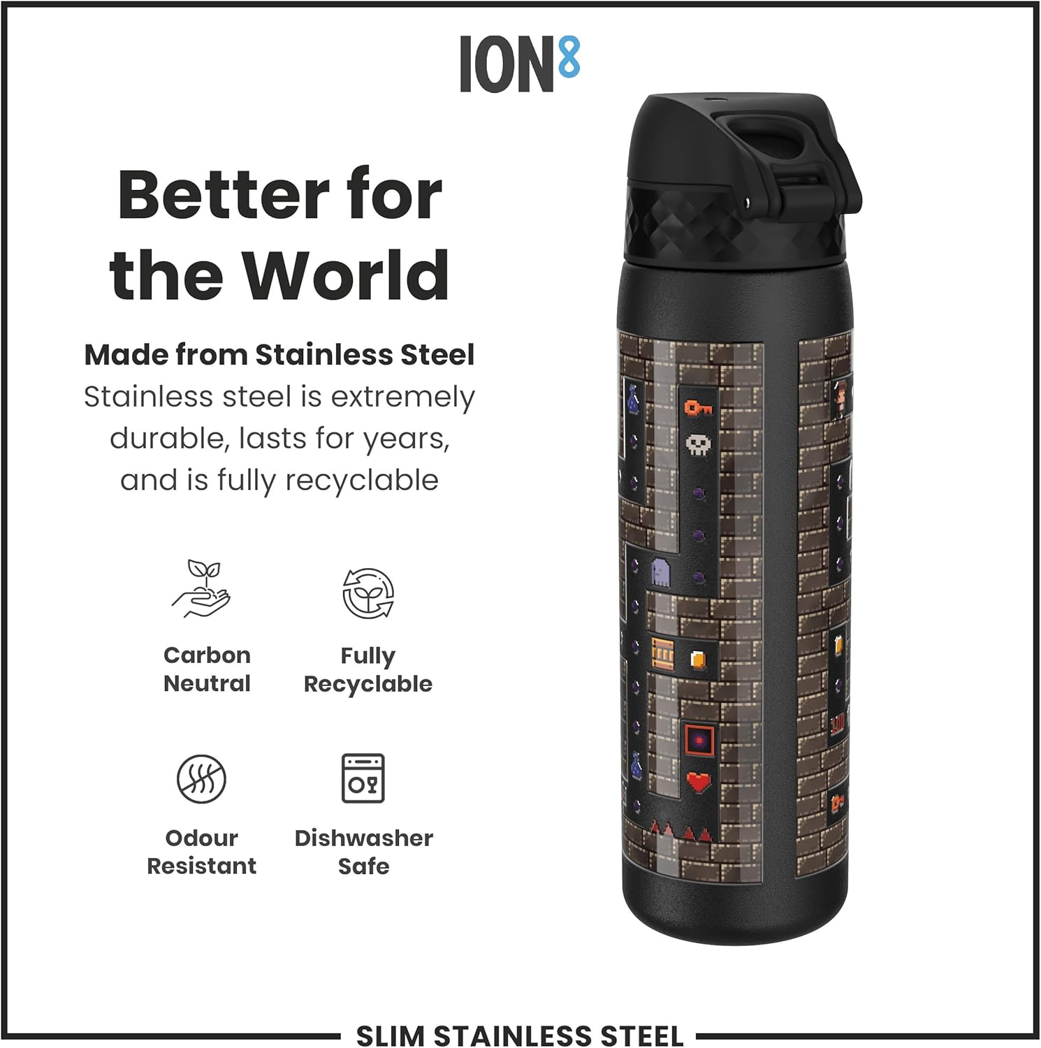 Ion8 Steel Water Bottle, 600Ml, Leak Proof, One-Finger Open, Dishwasher Safe, Flip Cover, Fits Cup Holders, Spill-Free On-The-Go, Carry Handle, Durable, Raised 3D Print, Black, Gaming Design