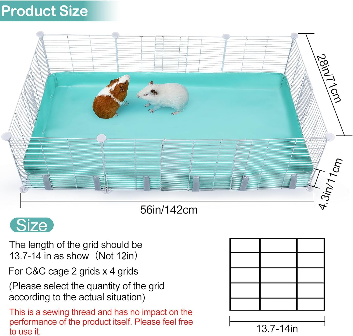 Waterproof Guinea Pig Cage Liner with Tarp Bottom for C&C Grids - Bedding for Bunnies, Hamsters, Rabbits - 56 * 28 Inches