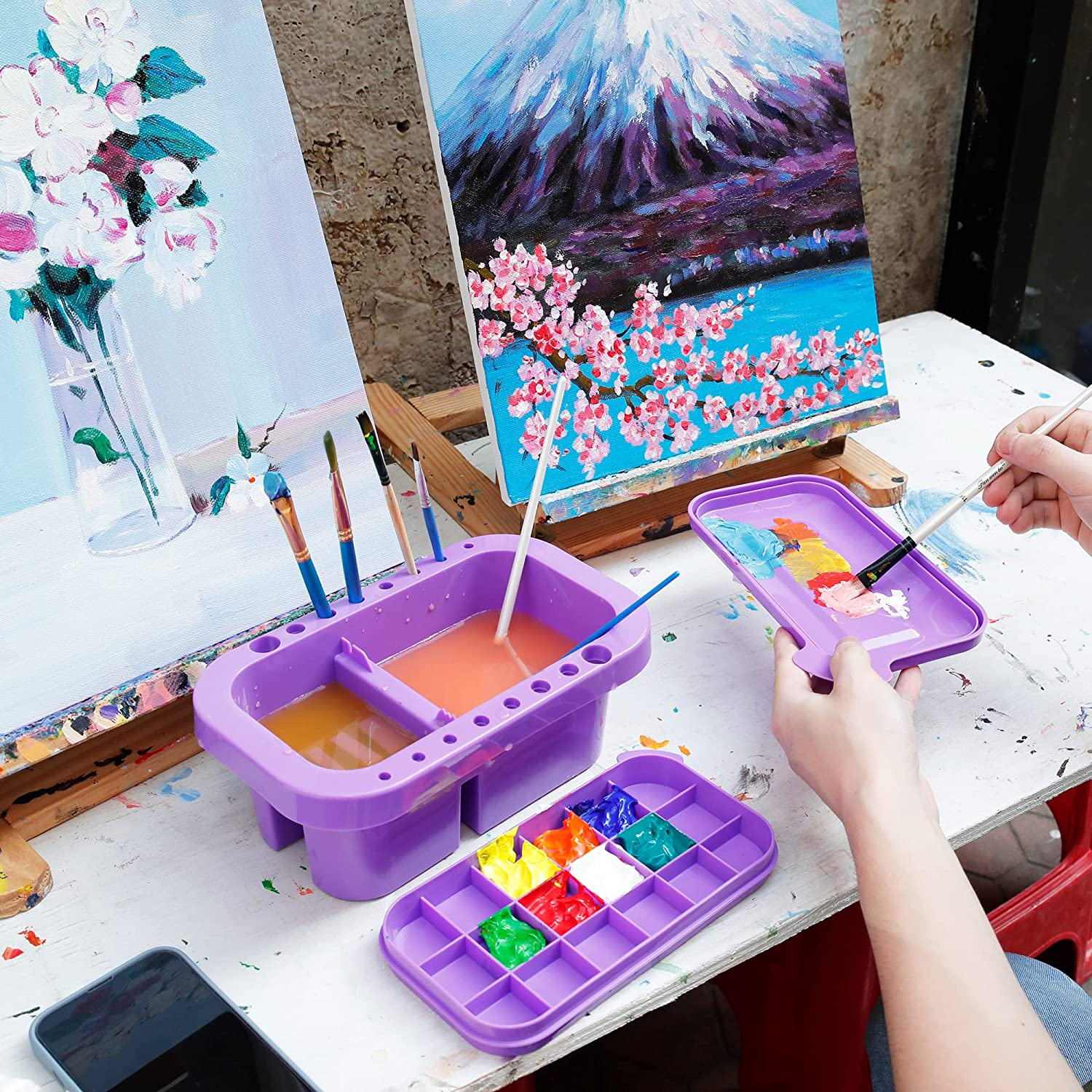 Mylifeunit Paint Brush Cleaner, Paint Brush Holder and Organizers with Palette for Acrylic, Watercolor, and Water-Based Paints (Purple) image number 5