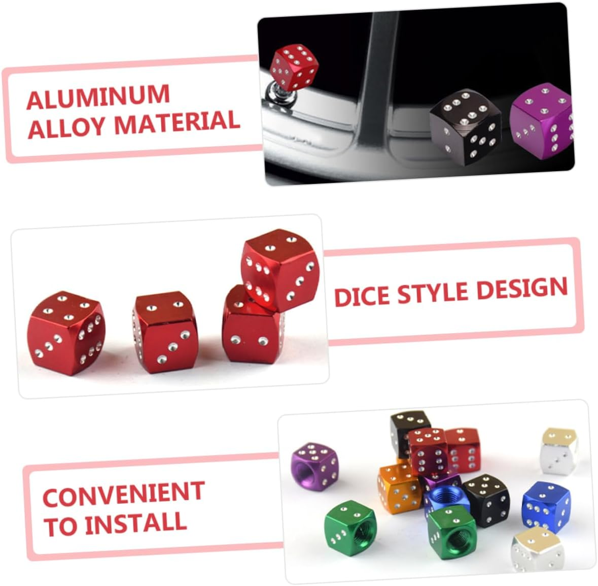 BUGUUYO 12Pcs Aluminum Alloy Dice Style Valve Stem Caps Universal Tire Valve Caps for Cars and Trucks, Multi-Color Set Black Red Blue, Lightweight and Airtight Seal Accessories for Automotive Wheels