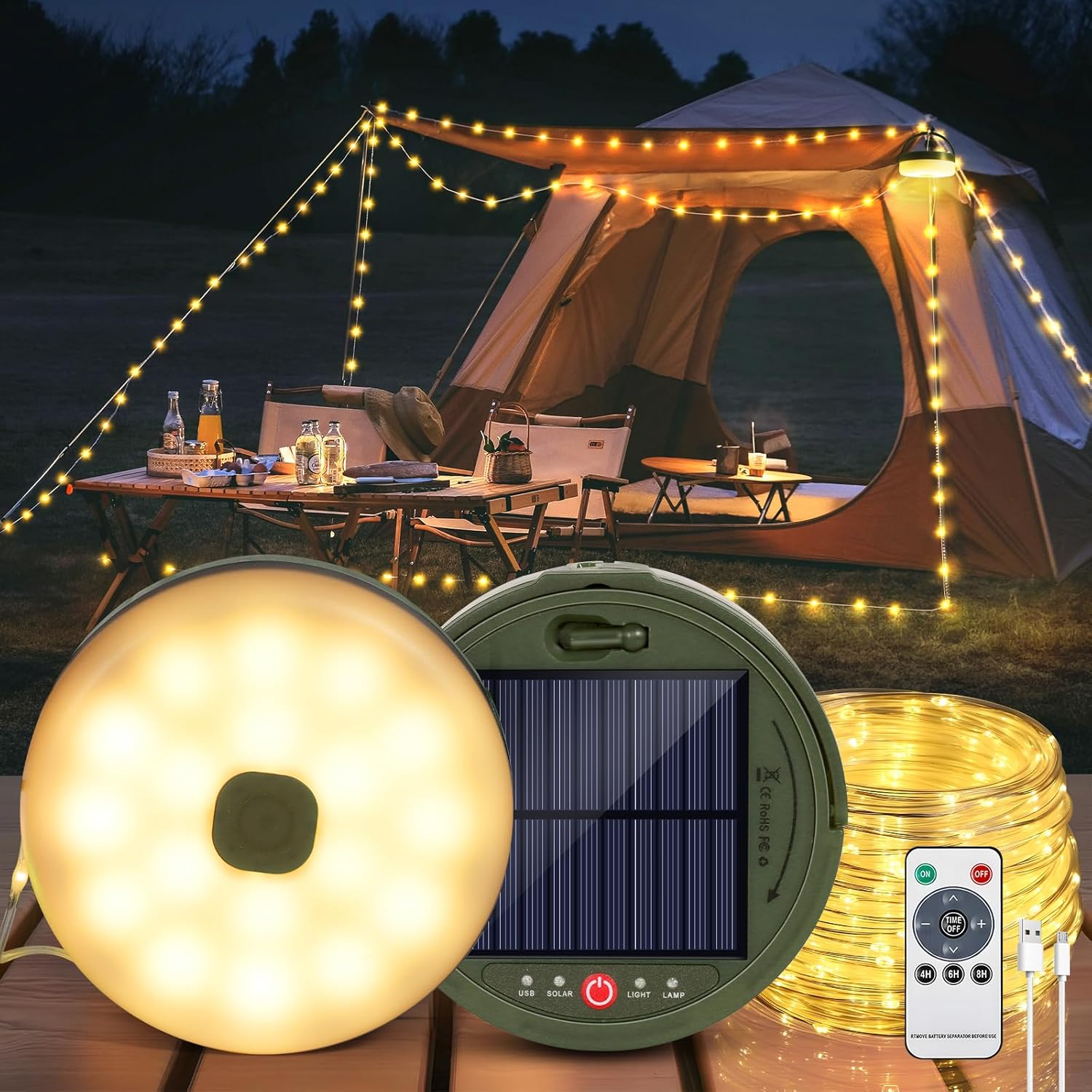 Solar Camping String Light, 12.8M 128 LED Solar Portable Waterproof Camping Lights with Remote, USB Type-C Rechargeable Portable Camping Lights with 8 Lighting Modes for Garden Party Decorations