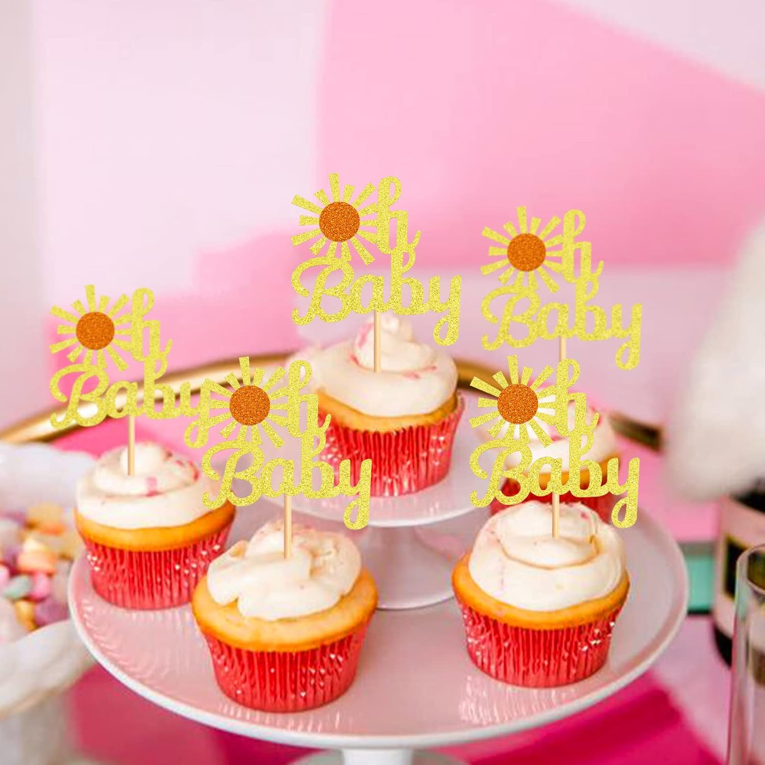 24 Pack Oh Baby Sunshine Cupcake Toppers Sunshine Cupcake Picks for Wedding Baby Shower Birthday Party Decorations Gold image number 1