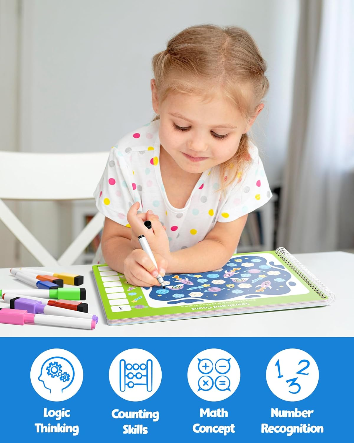 Coogam Math Learning Game Workbook for Counting Skills, Dry-Erase Number Tracing Handwriting Practice, Math Addition and Subtraction, Educational Travel Car Activities Gift Toy for Kids Age 3-8 image number 6