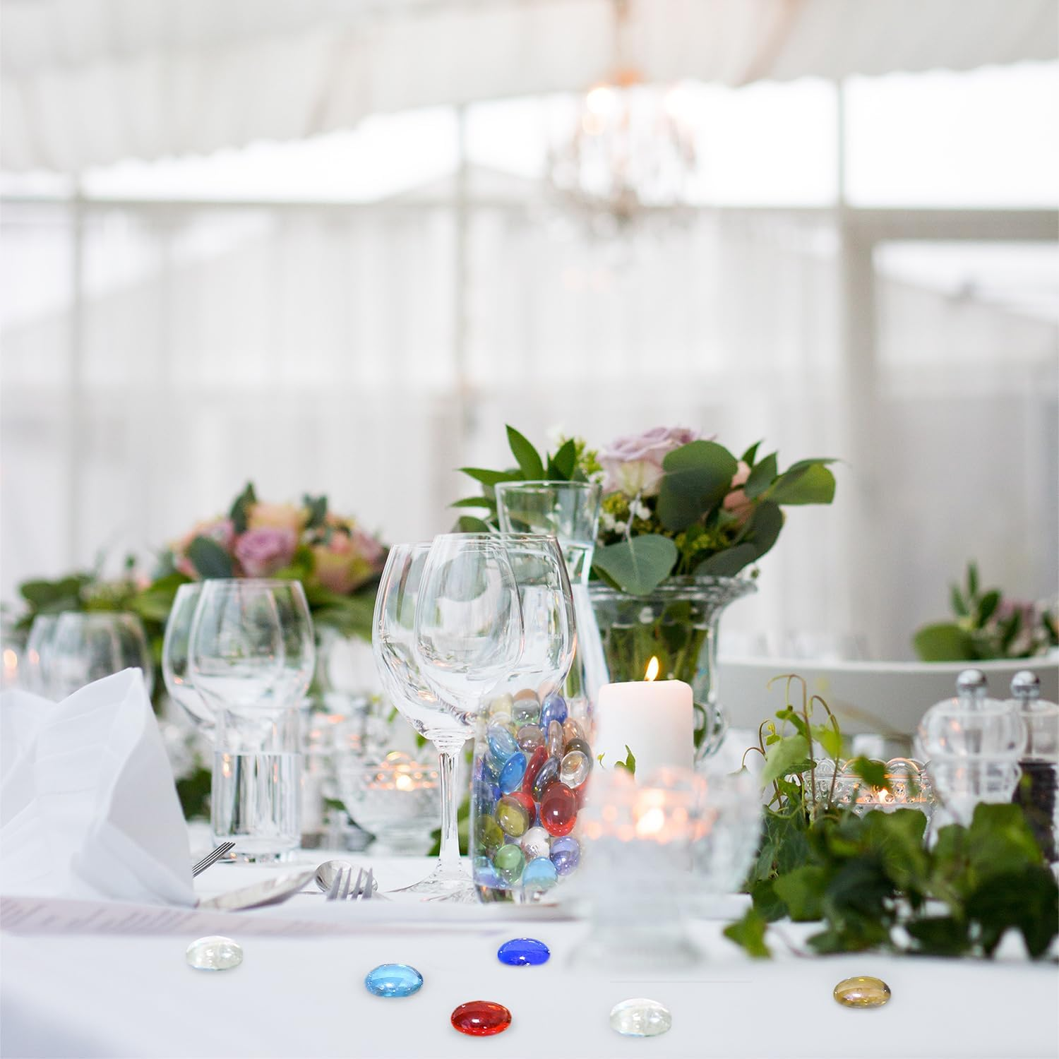 KINGOU Flat Glass Gems/Marbles/Stones/Beads for Vase Filler, Table Scatter, Games - 1 Lbs (17-19Mm, Approx. 3/4")-Red - Clear image number 4