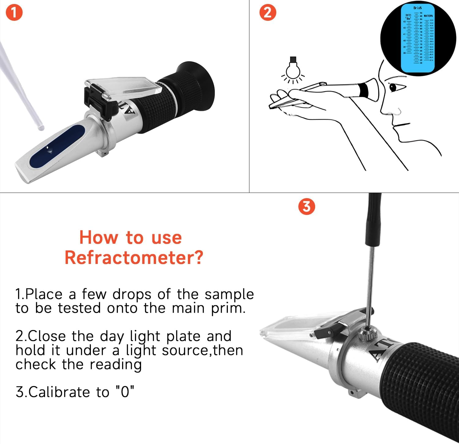 QUMOX 3-In-1 Honey Refractometer for Moisture, Brix and Baume, 58&ndash;90% Brix Scale &ndash; No Battery Needed, ATC Optical Tester for Honey, Syrup, Molasses, Beekeeping & Food Processing image number 3