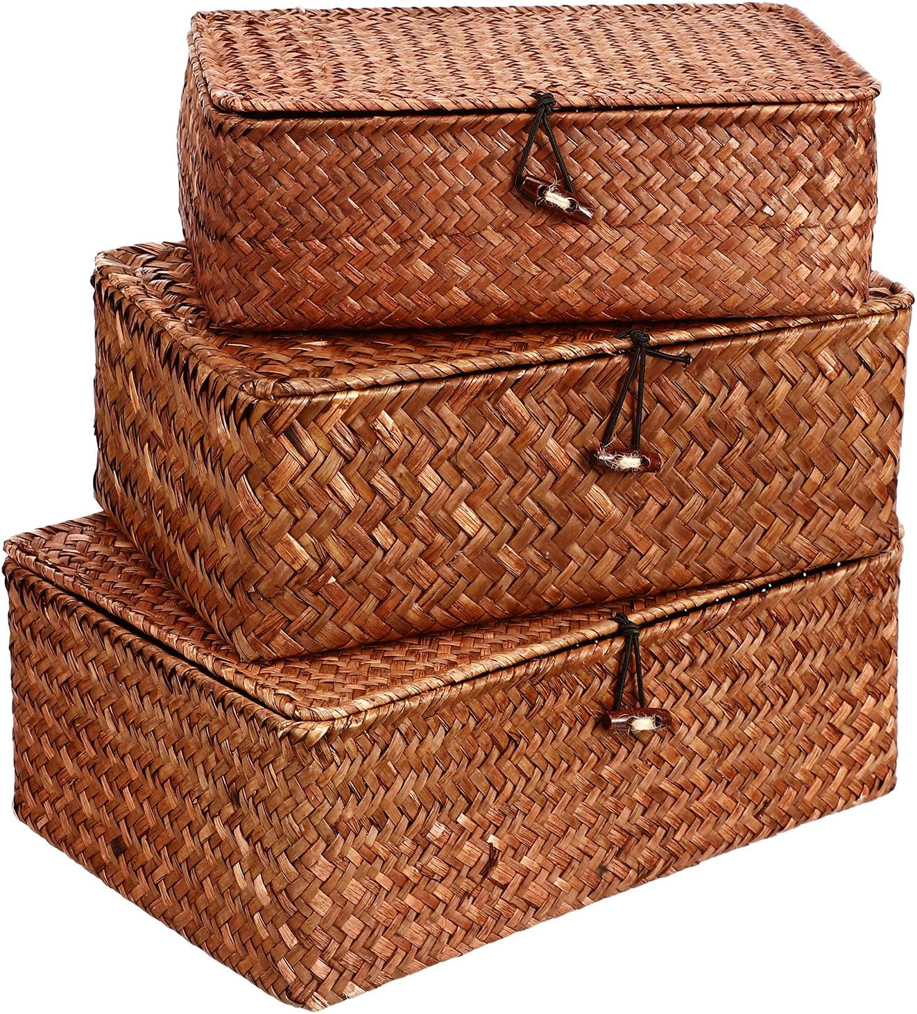 LIFKICH 3Pcs Handwoven Rattan Storage Baskets with Lid, Rustic Seagrass Sundry Organizer Boxes for Living Room and Coffee Table, Dustproof Desktop Storage Set (Large, Medium, Small) image number 1