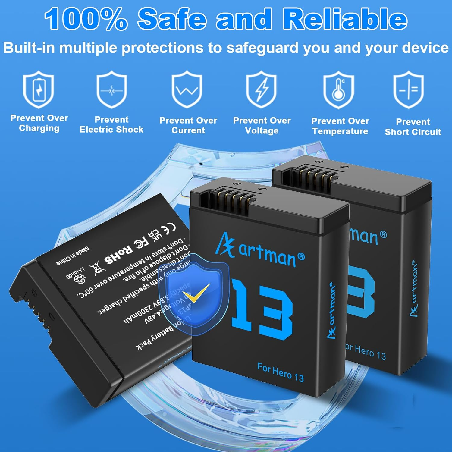 Artman Hero 13 Battery 2300Mah for Hero13 Black Camera, LCD 3-Slot Fast USB-C Charger Fully Compatible with Gopro Hero 13 Batteries and Charger (3-Pack)