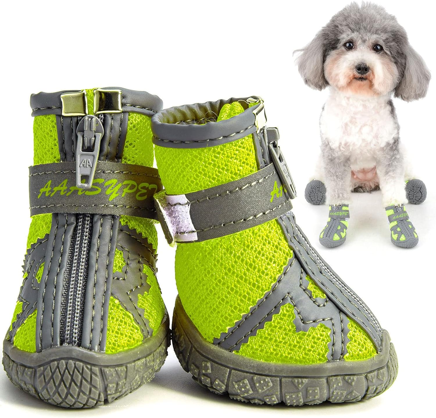 Zunea Dog Boots for Small Dogs Breathable Mesh Zipper Shoes Anti-Slip Adjustable Reflective Puppy Booties Outdoor Pet Chihuahua Paw Protectors Boots with Rugged Sole for Hot Pavement Green 1# image number 1