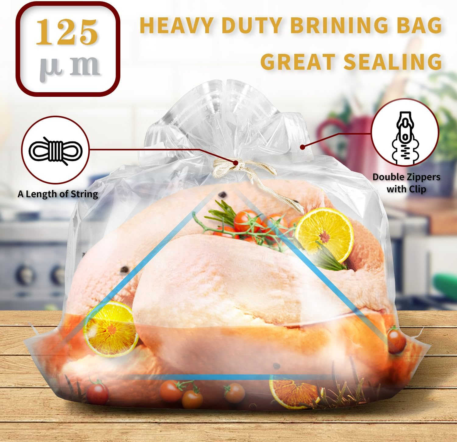 Brining Bags for Turkey, 3 Packs Extra Large Turkey Brine Bag with 3 Cotton Strings, Thickened Brine Bags with Double Zip-Lock Seal for Turkey, Chicken Marinade, 26"&times;22" Hold up to 35LB by JY COOKMENT image number 2