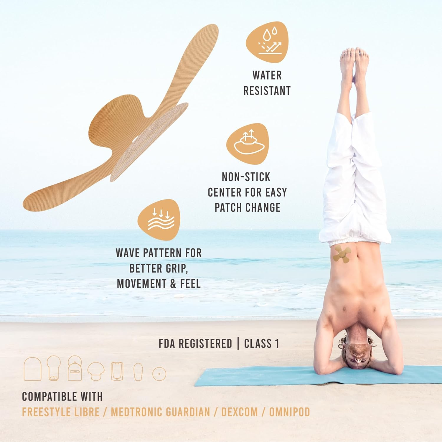 Not Just a Patch X-Patch CGM Sensor Patches (20 Pack) - Water Resistant Omnipod 5 Adhesive Patches - Durable for Active Lifestyle for 10-14 Days - Compatible with Dexcom G6, Libre 2 in Beige image number 1